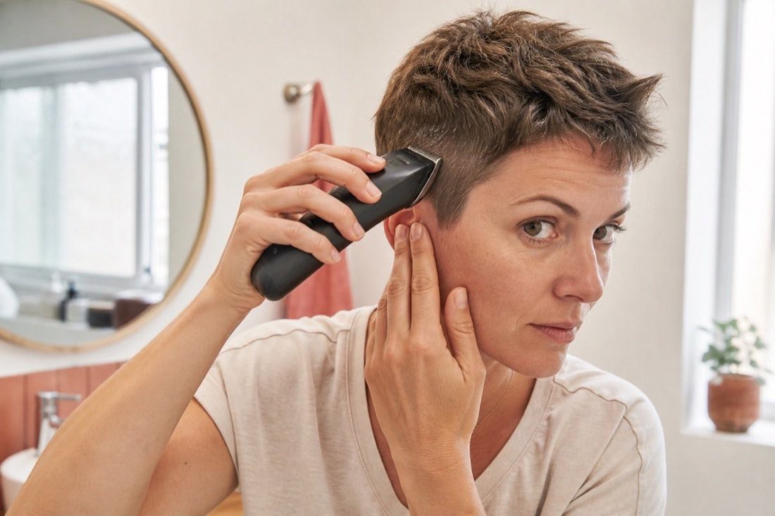 Femme entretenant seule une coupe pixie avec une tondeuse de finition